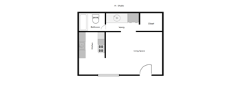 A floor plan of a living space with a bathroom and kitchen.