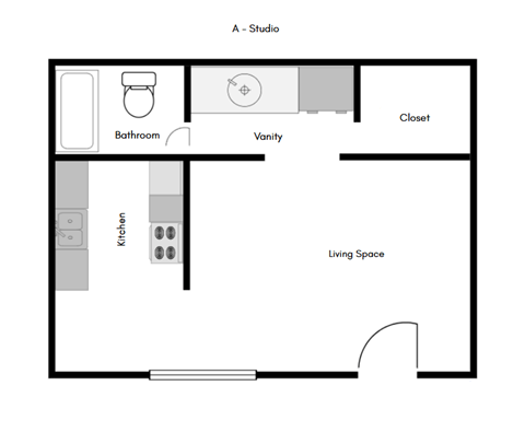 A floor plan of a living space with a bathroom and kitchen.