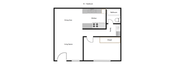 A floor plan of a one bedroom apartment with a living space, dining area, kitchen, bathroom, and closet.