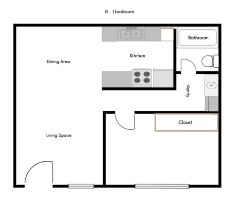 A floor plan of a one bedroom apartment with a living space, dining area, kitchen, bathroom, and closet.