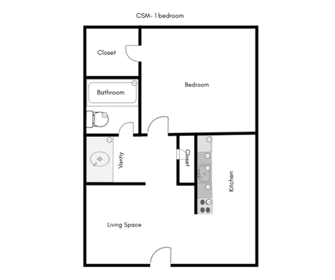 A floor plan of a one bedroom apartment with a living space, kitchen, bathroom, and closet.