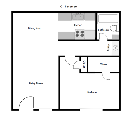 A floor plan of a one bedroom apartment with a living space, bedroom, kitchen, dining area and bathroom.