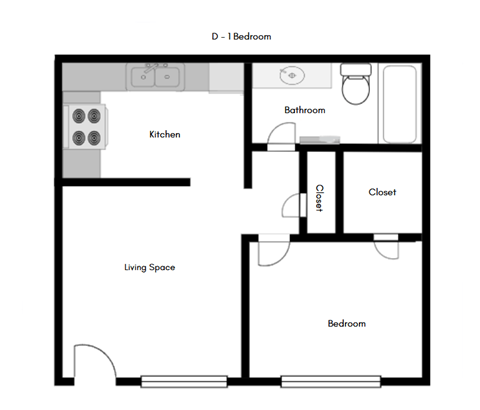 A floor plan of a one bedroom apartment with a kitchen, living space and bathroom.