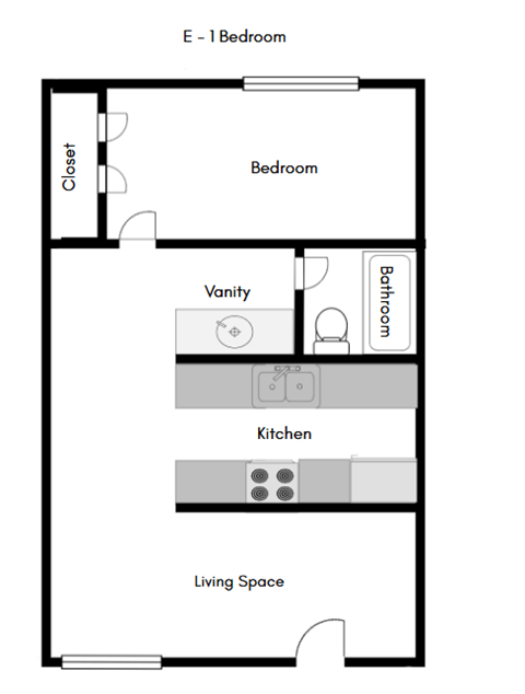 A floor plan of a one bedroom apartment with a living space, kitchen, bathroom, and closet.