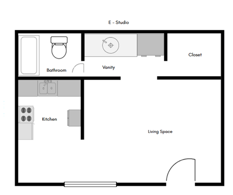A floor plan of a studio apartment with a kitchen, bathroom, and living space.