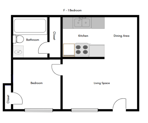 A floor plan of a living space with a bedroom, bathroom, kitchen, and dining area.