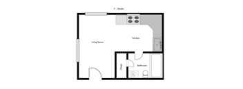 A floor plan of a small apartment with a living space, kitchen, bathroom, and closet.