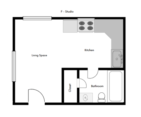 A floor plan of a small apartment with a living space, kitchen, bathroom, and closet.