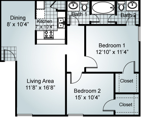 2 Bedroom 1.5 Bathrooms Floorplan at Parks on the Green, Temple, TX