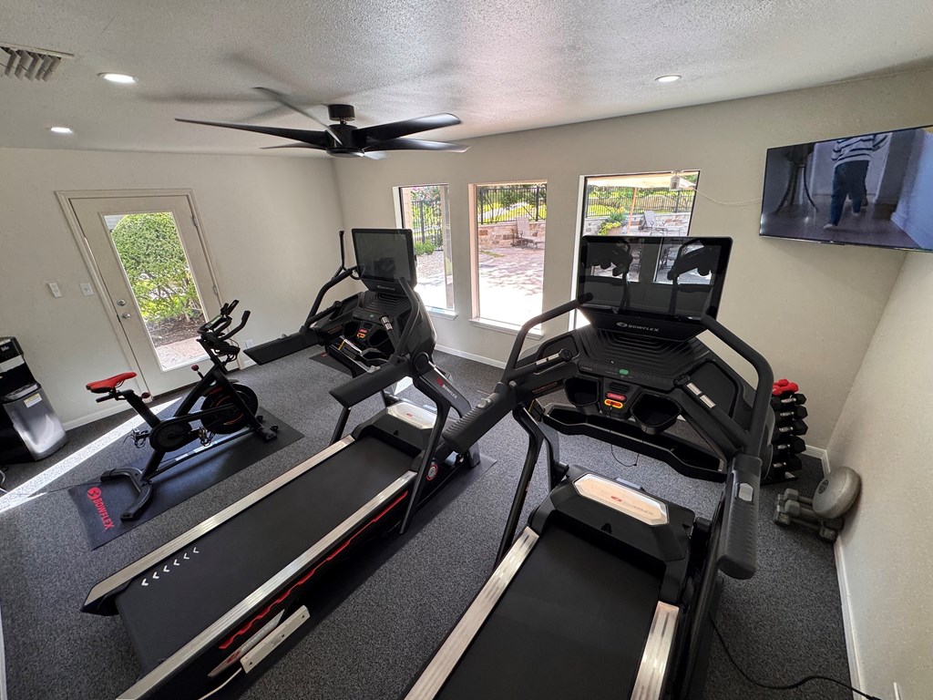 A room with a treadmill and a fan.