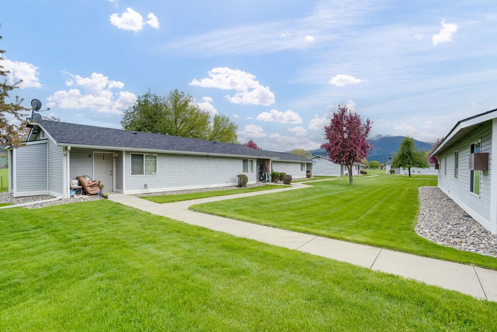 a group of white houses with a lawn and a sidewalk