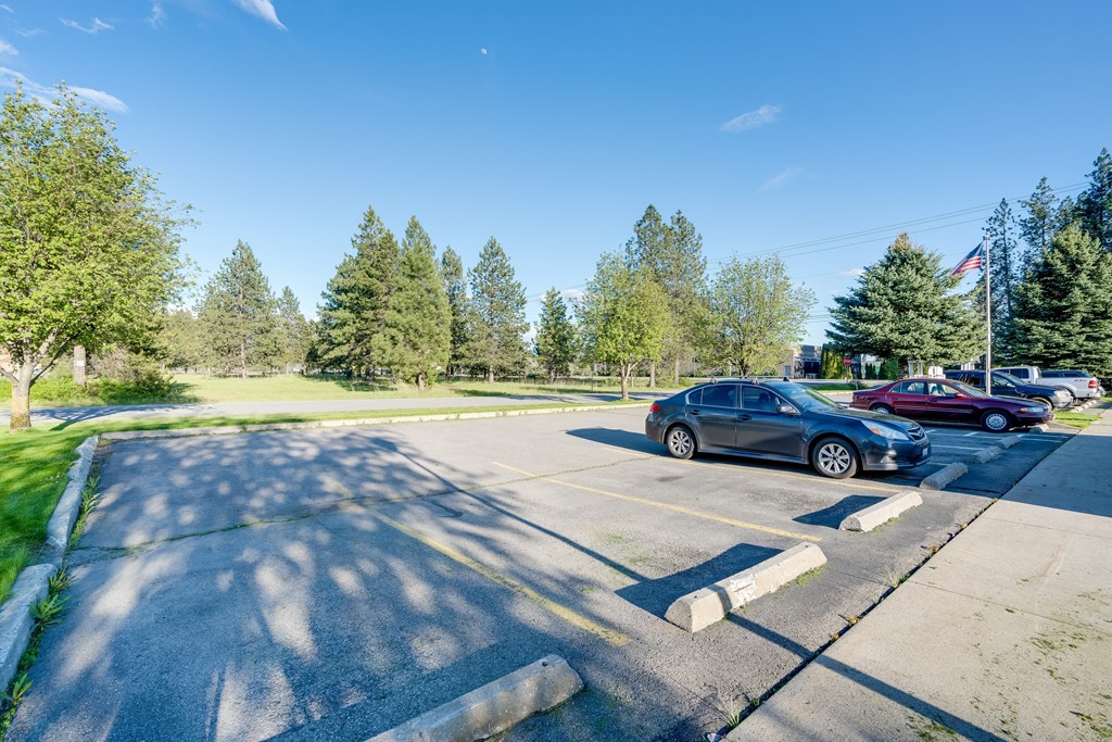 a parking lot with cars parked in it and trees in the background