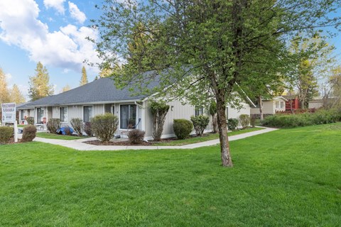 a white house with a yard and a tree
