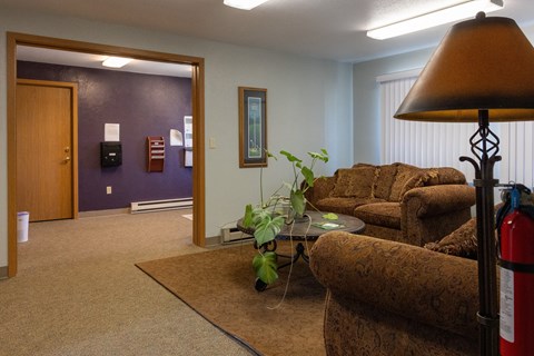 A living room with a brown couch and a fire extinguisher.