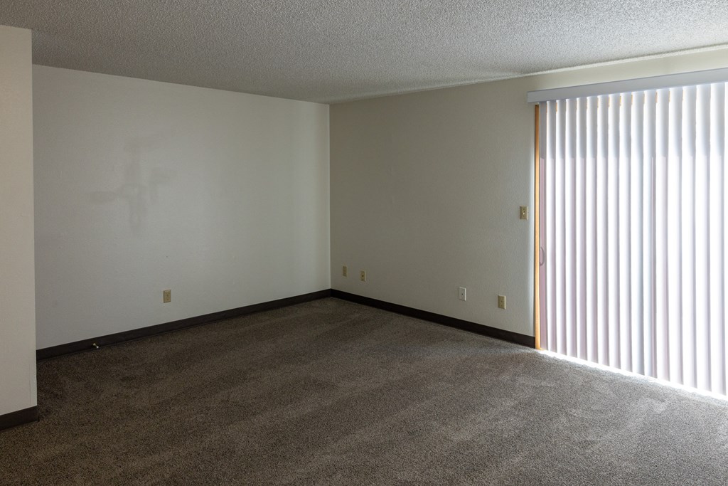 A room with a carpeted floor and a window with blinds.