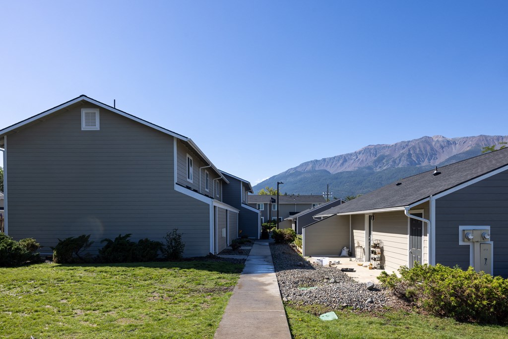 A row of houses with a mountain in the background.