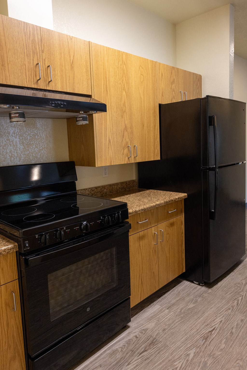 A black refrigerator sits next to a black stove in a kitchen with wooden cabinets.