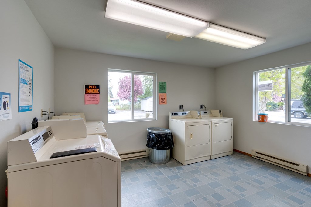 a laundry room with two washes and two sinks and two windows