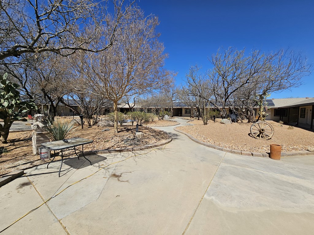 A backyard with a table and chairs.
