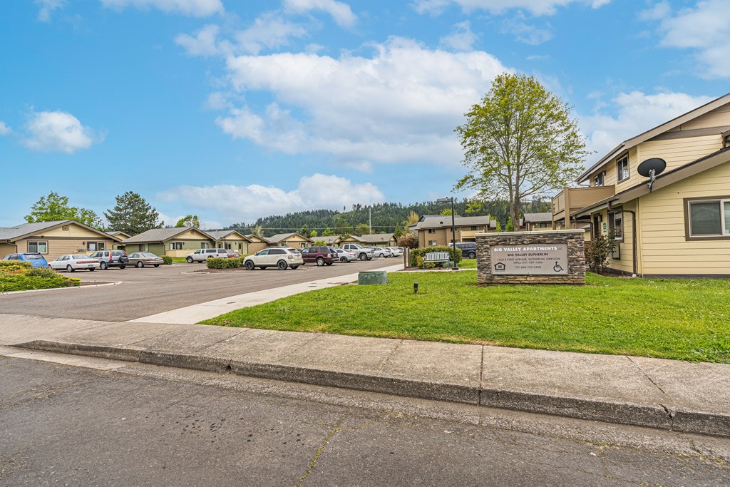 a view of a neighborhood with houses and a sign on the grass