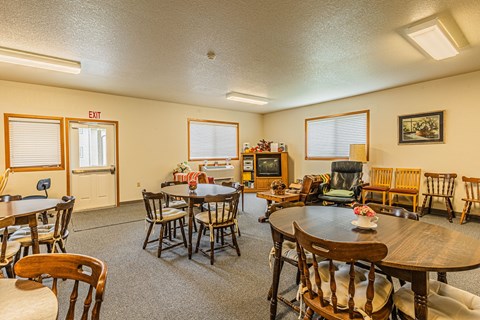 a living room with tables and chairs and a television