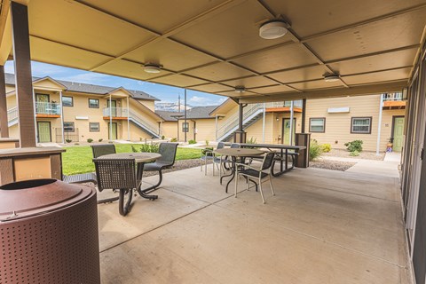 A patio with a table and chairs under a canopy.