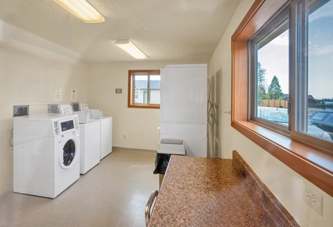 A laundry room with a washer and dryer, a window, and a counter.