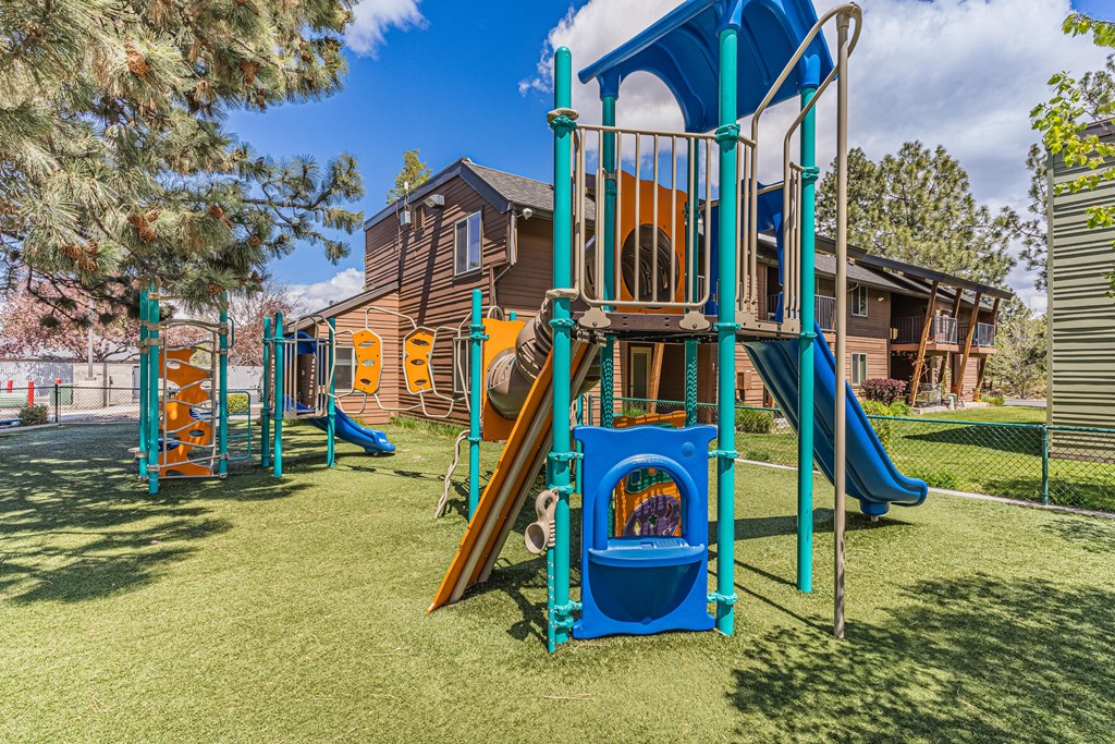 A playground with a blue slide and a yellow slide.