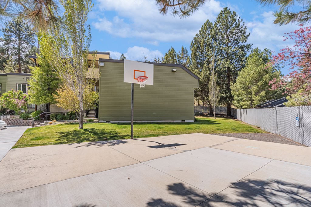 A basketball hoop is mounted on a pole in the middle of a driveway.