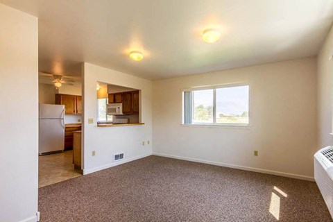 an empty living room with a kitchen and a window