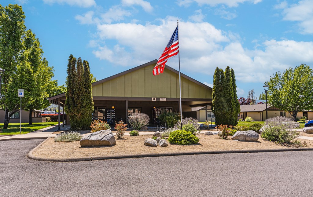 a building with an flag in front of it