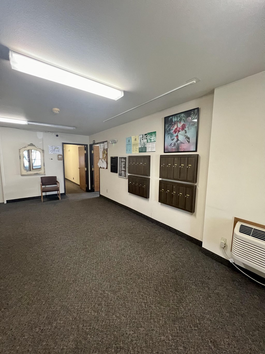 a room with a carpeted floor and a wall with mailboxes and a door