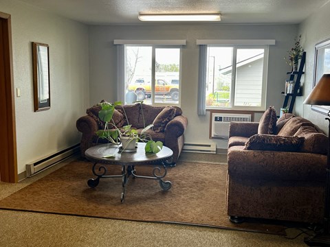 a living room with couches and a coffee table