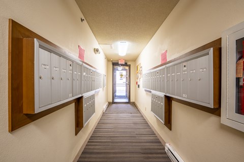 A long hallway with lockers on both sides.