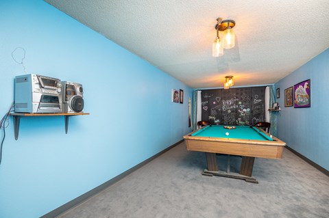 A room with a pool table and a vintage camera on the wall.