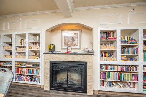 A fireplace with a painting above it and bookshelves on either side.