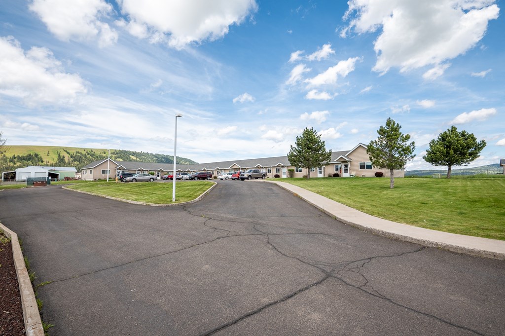 A street view of a residential area with houses and cars.