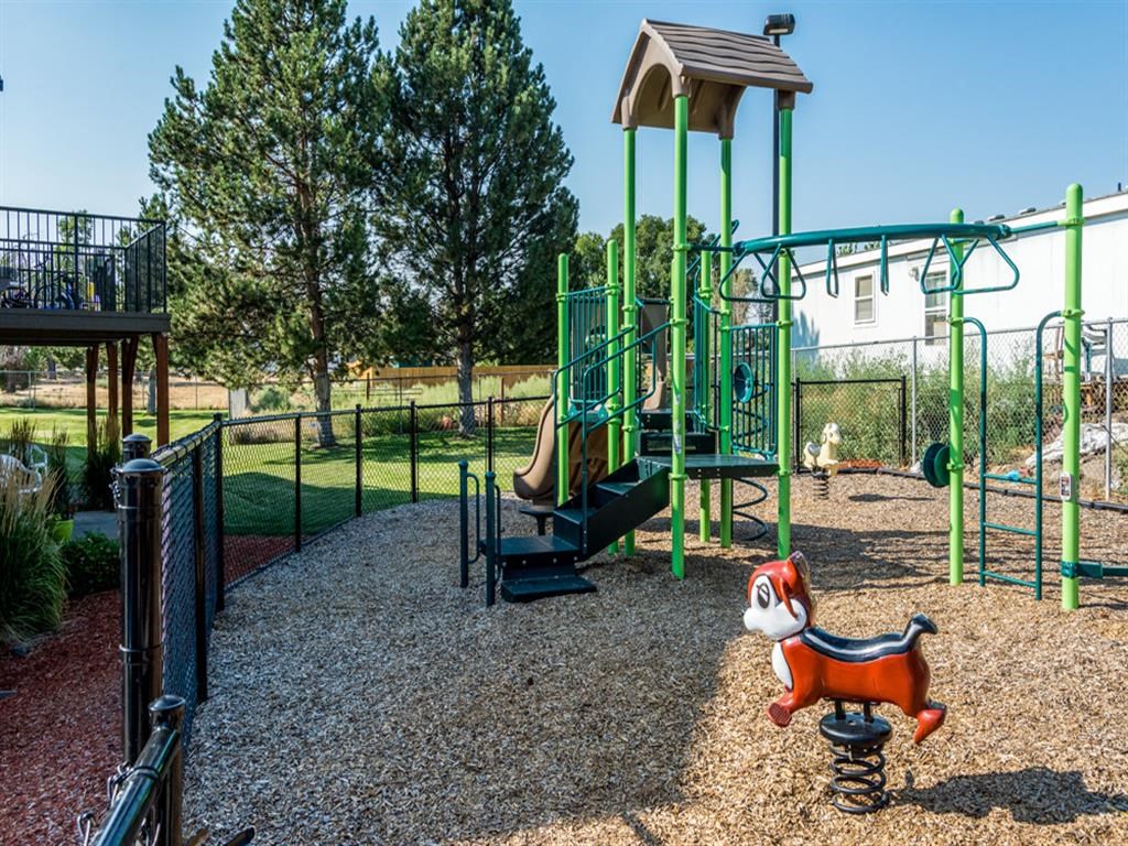 a playground with a rocking horse at a park