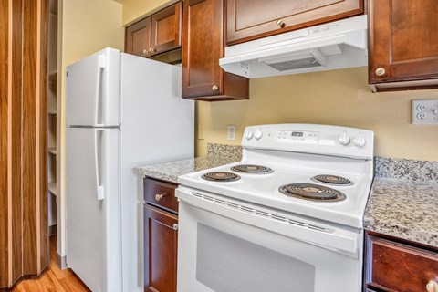 a kitchen with a white stove and a refrigerator