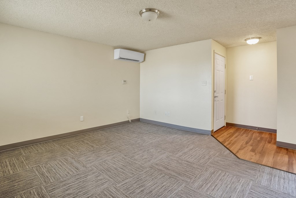 an empty living room with wood flooring and a white door