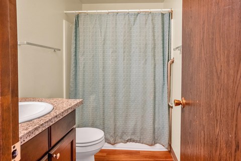 a bathroom with a shower and a sink and a toilet