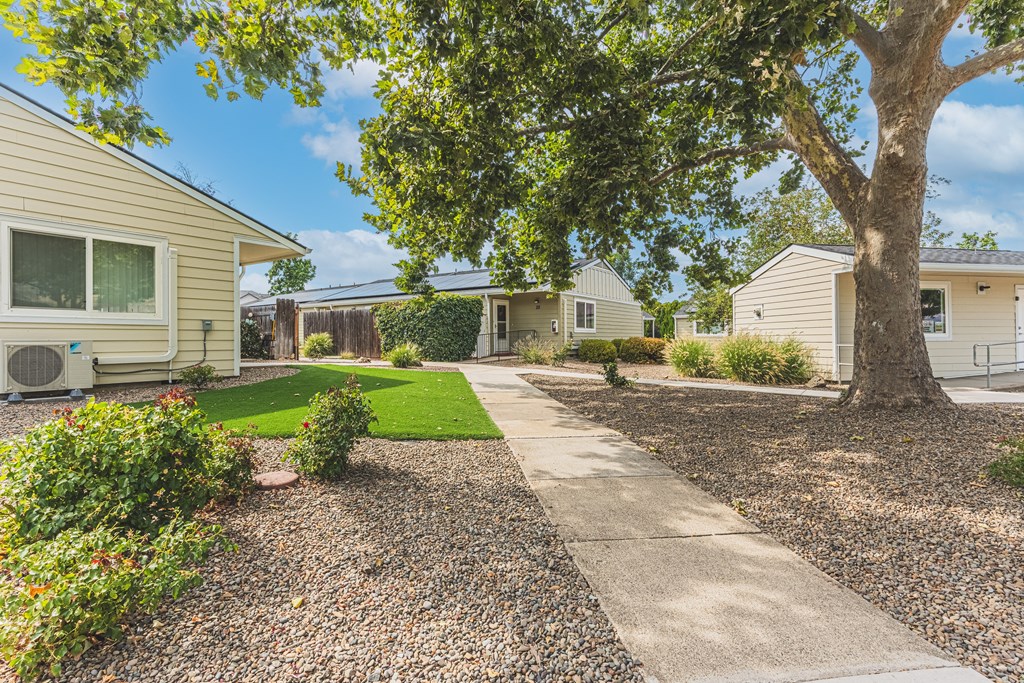 a walkway between two houses with trees and a sidewalk