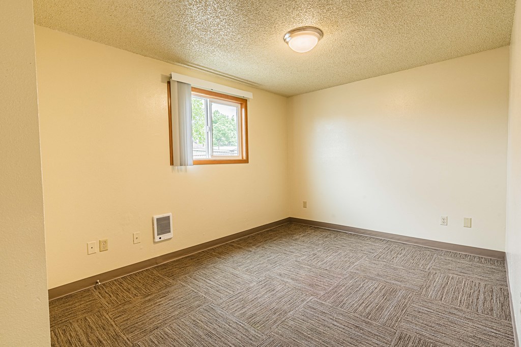 A room with a window and a carpeted floor.