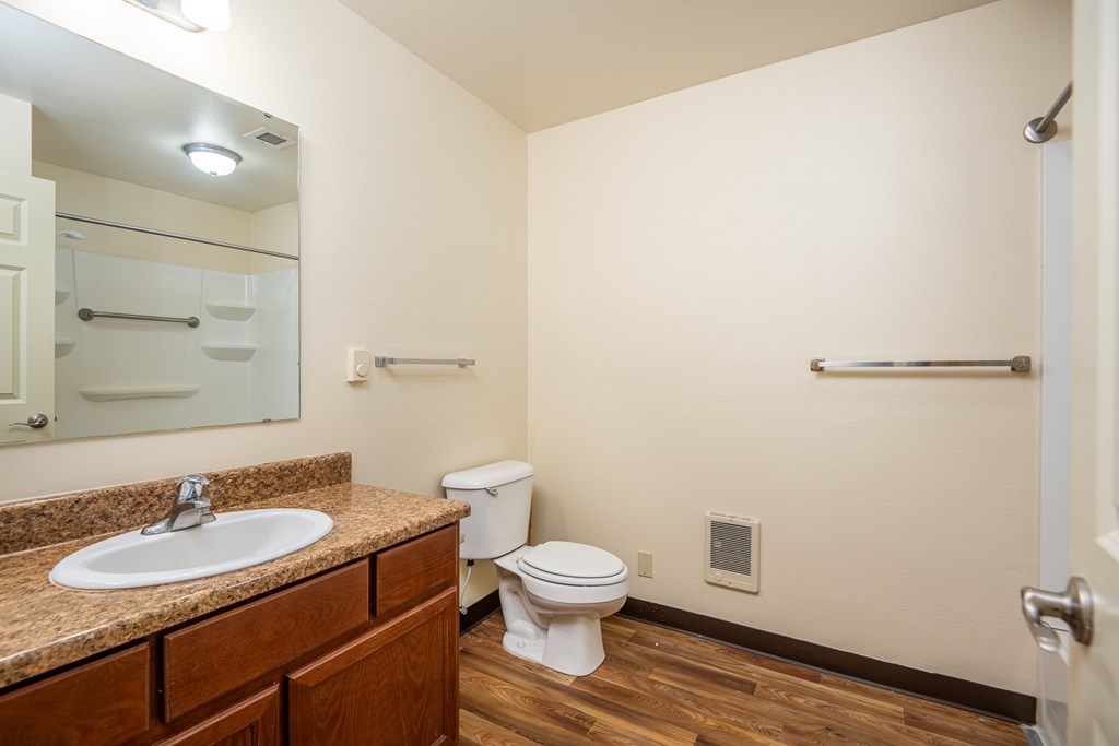 A bathroom with a toilet, sink, and mirror.