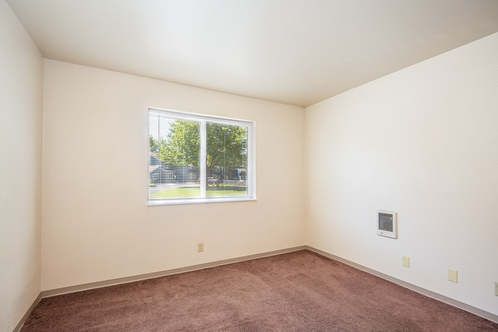 A room with a window and a carpet on the floor.