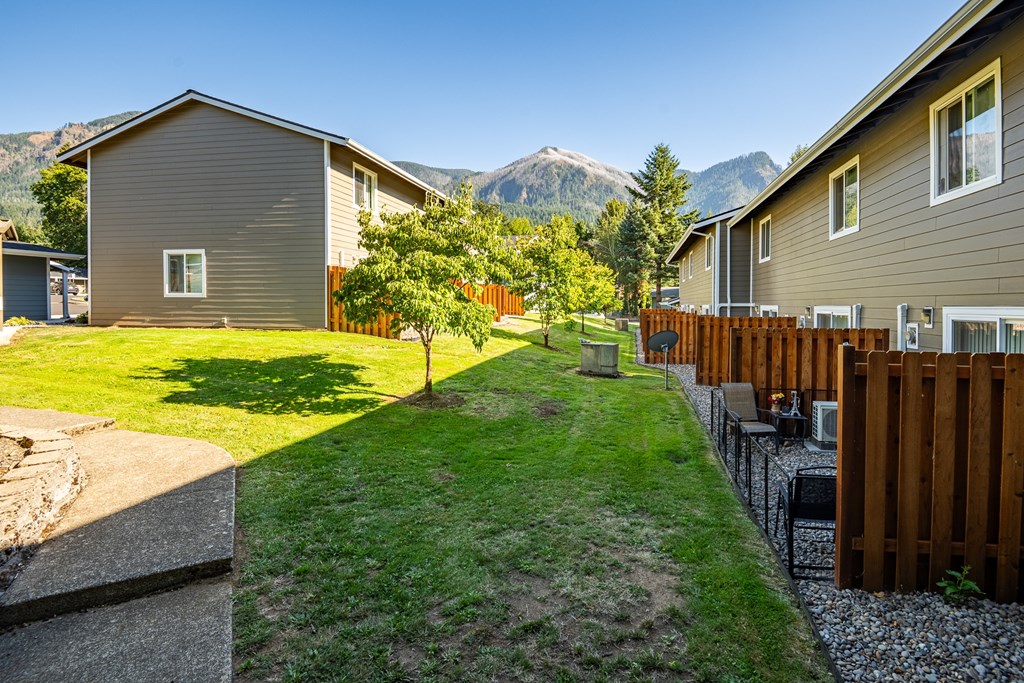 A row of houses with a mountain in the background.