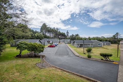 A residential street with houses on both sides and cars parked on the side.