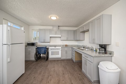 A kitchen with a white refrigerator and a person in a wheelchair.