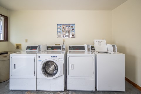 A row of white washing machines in a laundry room.