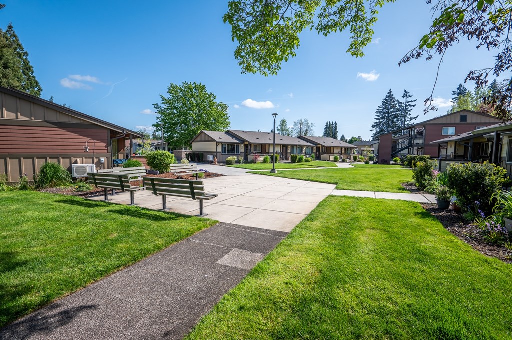 a park with benches and a sidewalk in front of houses